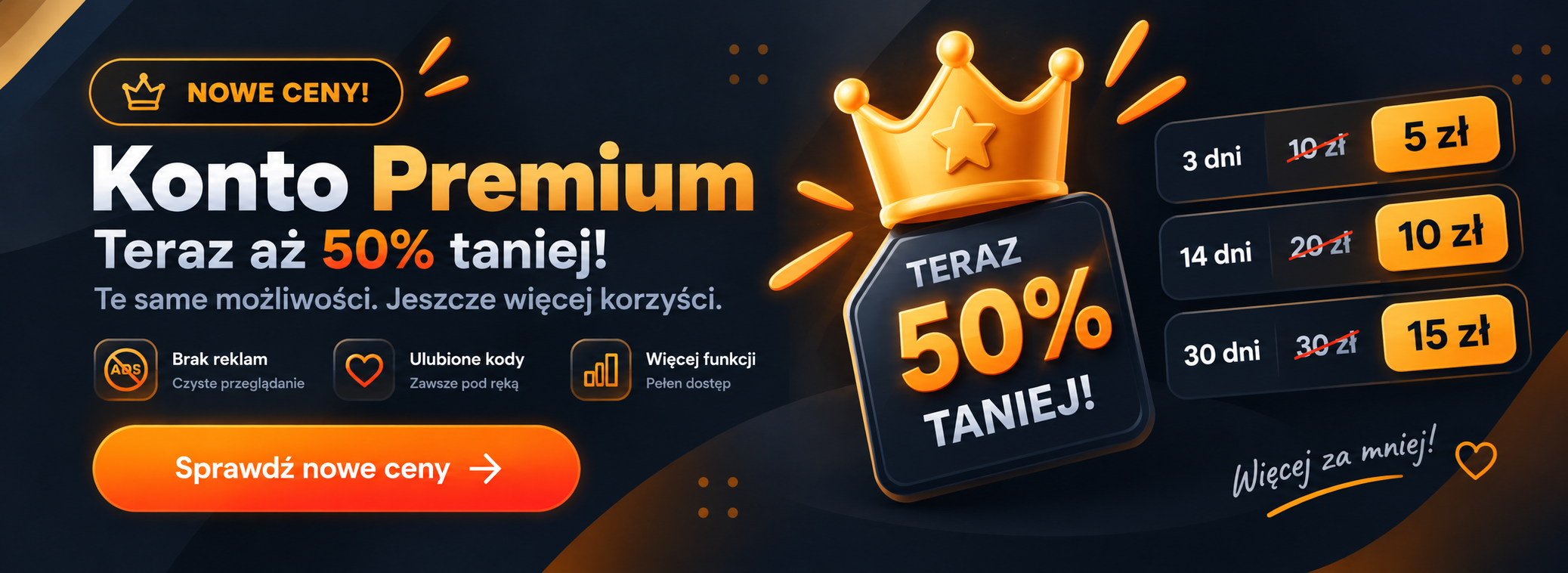 Konto Premium w Kodownik.eu - nowe ceny 50% taniej